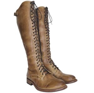 Bed Stu Della Lace Up Knee High Boots Tan Rustic Distressed Size 9.5